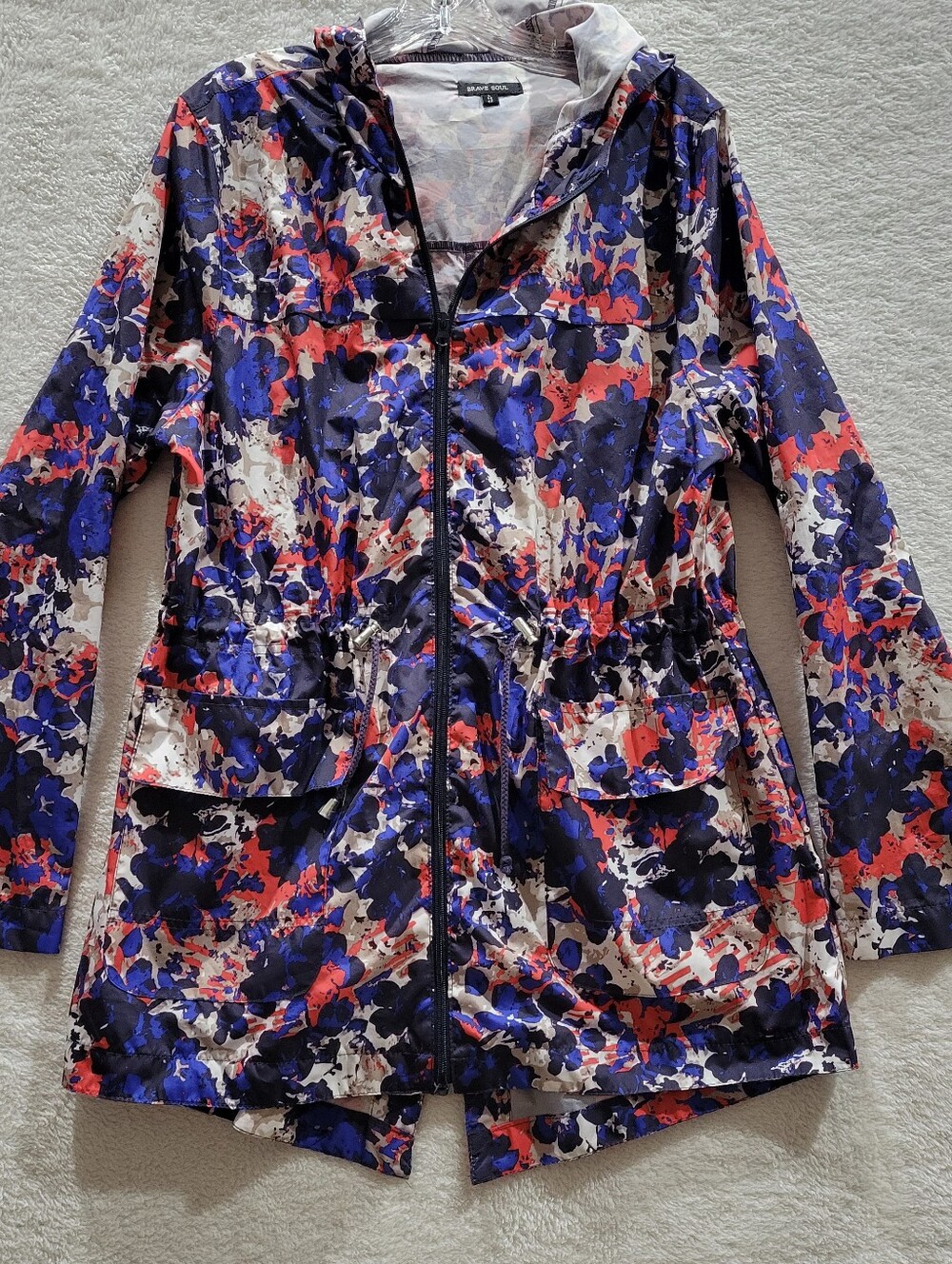 Brave Soul Windbreaker Hooded Jacket Women Large 14 Abstract Floral AOP Full Zip